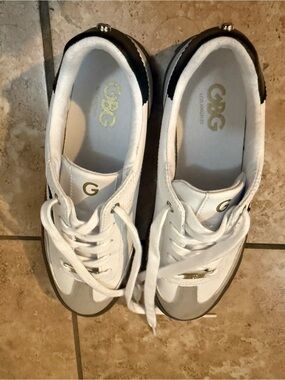 G by Guess White and Black Lace-Up Sneakers with Gold Accent